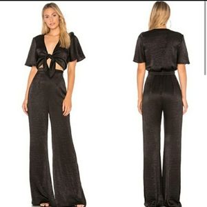 Show Me Your MuMu tie front satin black Jenna jumpsuit w/ flutter sleeves